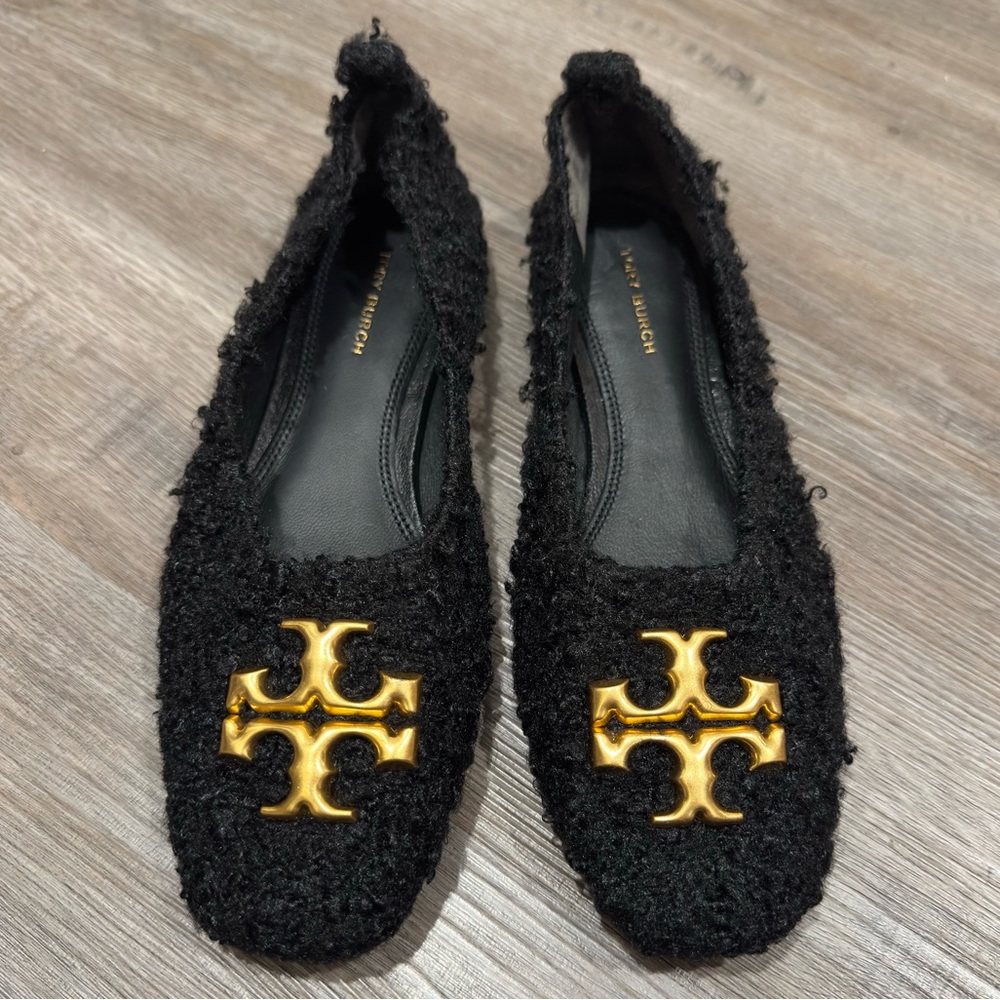 Tory Burch Eleanor Fuzzy Black Ballet Flats